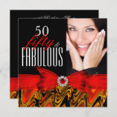 素晴らしい50赤い金ゴールドブラックフォトバースデーパーティー 招待状 (正面/裏面)