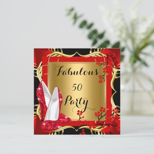 素晴らしい50赤ハイヒールのブロッサムブラック金ゴールド 招待状 (スタンド正面)