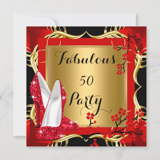 素晴らしい50赤ハイヒールのブロッサムブラック金ゴールド 招待状 (正面)