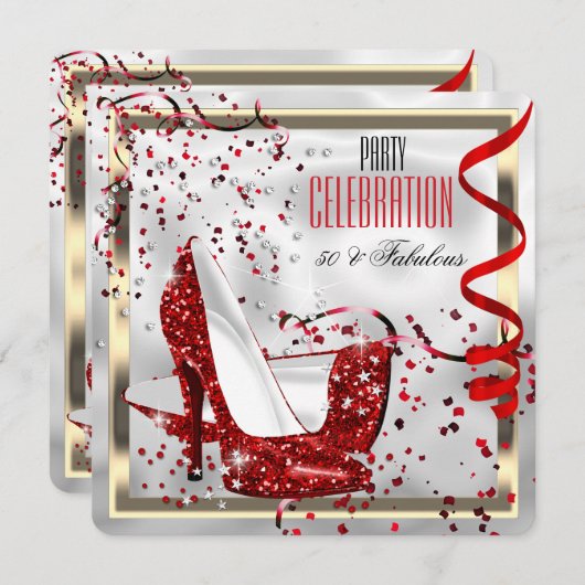 素晴らしい50赤白黒誕生日パーティー 招待状 (正面/裏面)