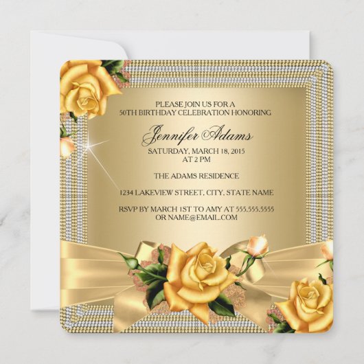 素晴らしい50金ゴールドイエローローズフローラ誕生日パーティー 招待状 (裏面)
