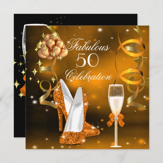 素晴らしい50金ゴールドオレンジハイヒールシャンパーニュパーティー 招待状 (正面/裏面)