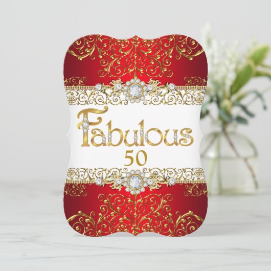 素晴らしい50金ゴールドダイヤモンドレッドグラマー誕生日 招待状 (スタンド正面)