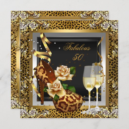 素晴らしい50金ゴールドヒョウ黒ハイヒールパーティー 招待状 (正面/裏面)