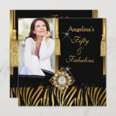 素晴らしい50金ゴールドブラックゼブラフォトバースデーパーティー 招待状 (正面/裏面)