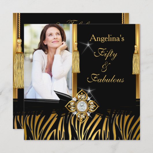 素晴らしい50金ゴールドブラックゼブラフォトバースデーパーティー 招待状 (正面/裏面)