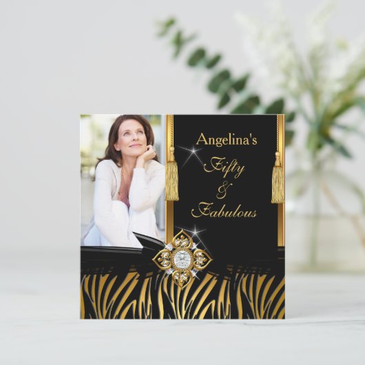 素晴らしい50金ゴールドブラックゼブラフォトバースデーパーティー 招待状 (スタンド正面)