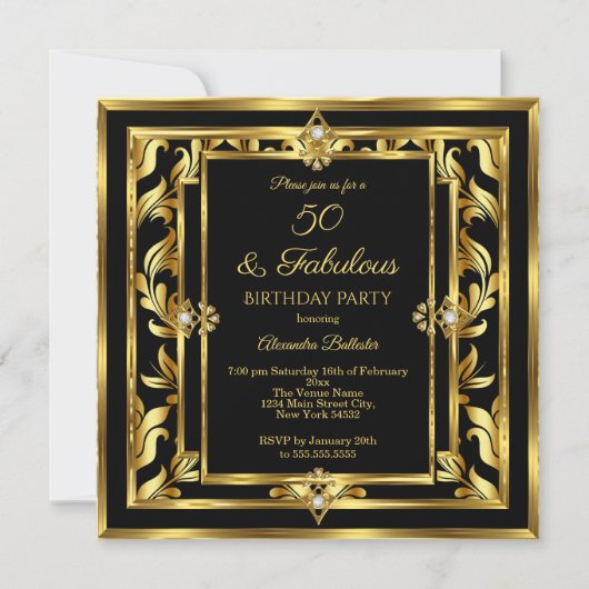素晴らしい50金ゴールドブラックダマスクバースデーパーティー 招待状 (正面)
