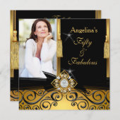 素晴らしい50金ゴールドブラックダマスク写真の誕生日パーティー 招待状 (正面/裏面)