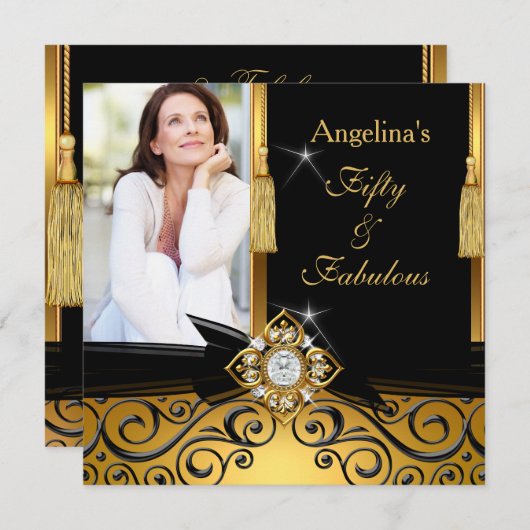 素晴らしい50金ゴールドブラックダマスク写真の誕生日パーティー 招待状 (正面/裏面)