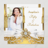 素晴らしい50金ゴールドホワイトダマスクの写真の誕生日パーティー 招待状 (正面/裏面)