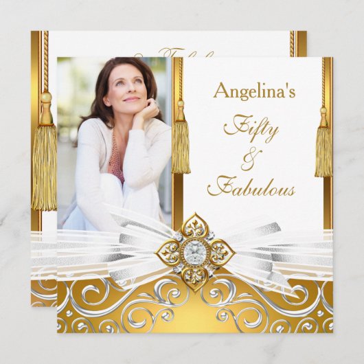 素晴らしい50金ゴールドホワイトダマスクの写真の誕生日パーティー 招待状 (正面/裏面)