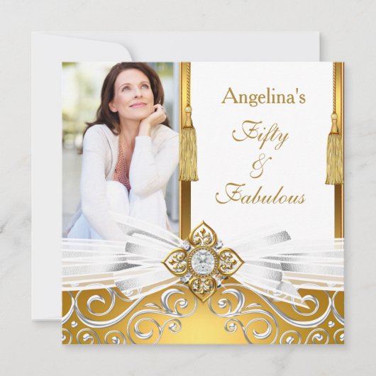 素晴らしい50金ゴールドホワイトダマスクの写真の誕生日パーティー 招待状 (正面)