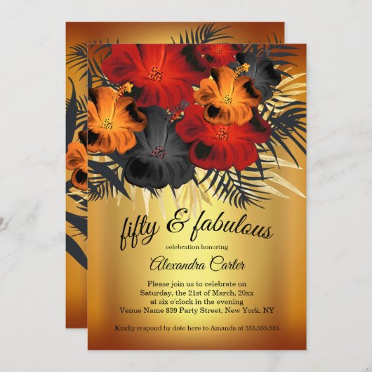 素晴らしい50金ゴールドレッドオレンジブラックハイビスカスパーティー 招待状 (正面/裏面)
