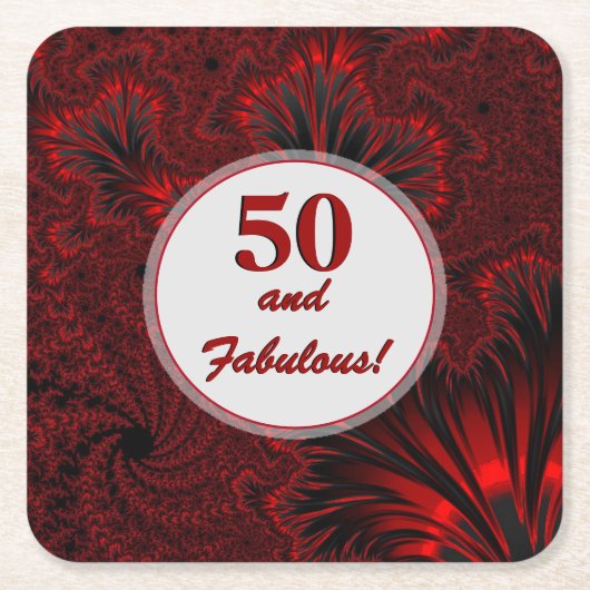 素晴らしい50魅惑的な光沢のある赤いフラクタル誕生日 スクエアペーパーコースター (正面)