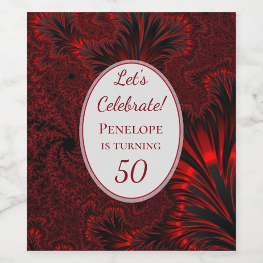 素晴らしい50魅惑的な光沢のある赤いフラクタル誕生日 ワインラベル (シングルラベル)