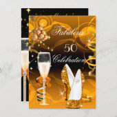 素晴らしい50黄色金ゴールドオレンジ誕生日パーティー 招待状 (正面/裏面)