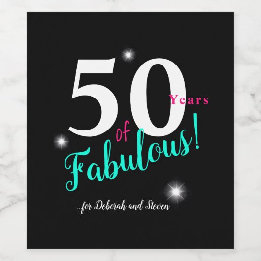 素晴らしい50、おもしろいピンク、ティール（緑がかった色）、白黒文字 ワインラベル (シングルラベル)