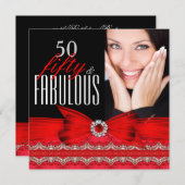素晴らしい50 50th誕生日パーティレッドブラックフォト 招待状 (正面/裏面)