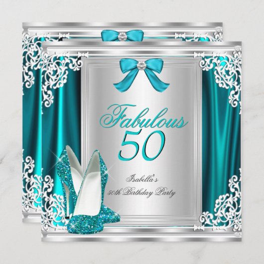 素晴らしい50 50th誕生日パーティーティール(緑がかった色)シューズ 招待状 (正面/裏面)