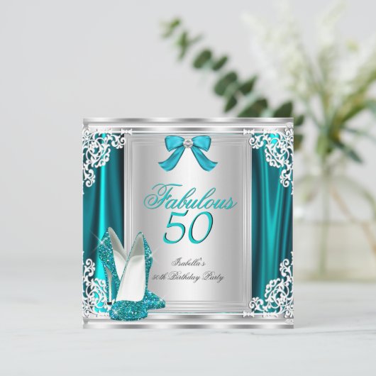 素晴らしい50 50th誕生日パーティーティール（緑がかった色）シューズ 招待状 (スタンド正面)