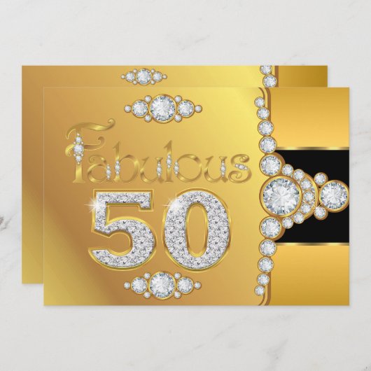 素晴らしい50 50th誕生日金ゴールドブラックダイヤモンド 招待状 (正面/裏面)