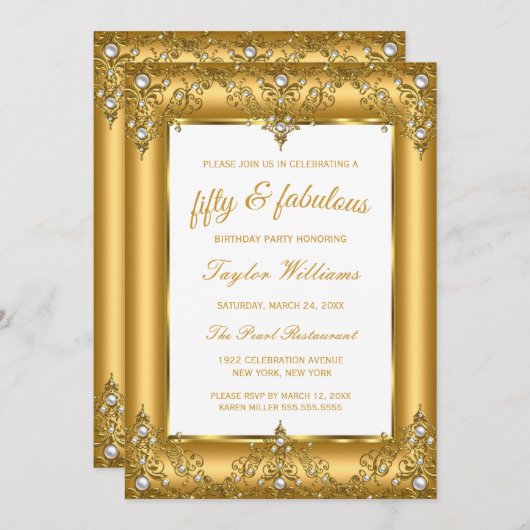 素晴らしい50 Glamor Pearl金ゴールド写真パーティー 招待状 (正面/裏面)