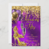 素晴らしい50thパープルヒールグリッター金ゴールドシャンパン 招待状 (正面)