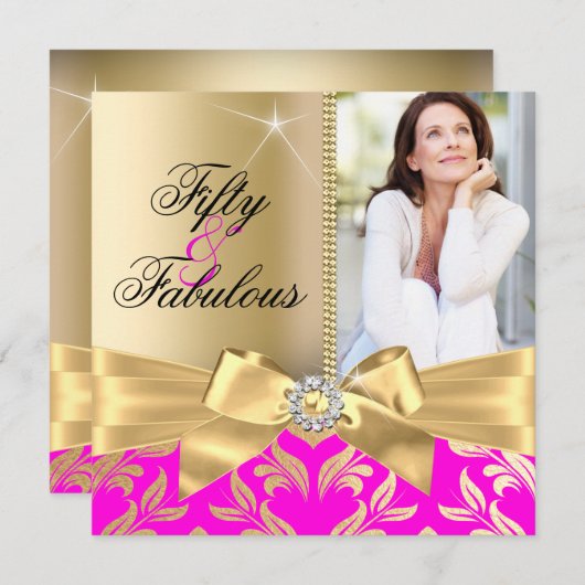 素晴らしい50thピンクの金ゴールドリーフ&ボウ50th誕生日 招待状 (正面/裏面)