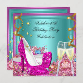 素晴らしい50thピンクティール（緑がかった色）グリッターハイヒール誕生日 招待状 (正面/裏面)