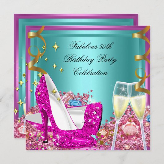 素晴らしい50thピンクティール（緑がかった色）グリッターハイヒール誕生日 招待状 (正面/裏面)