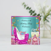 素晴らしい50thピンクティール（緑がかった色）グリッターハイヒール誕生日 招待状 (スタンド正面)