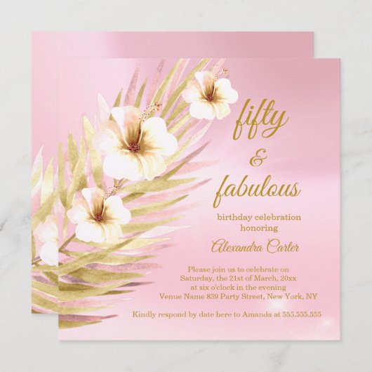 素晴らしい50thピンク金ゴールドホワイトフローラ誕生日 招待状 (正面/裏面)