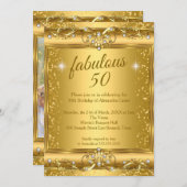 素晴らしい50thフォトスパークル金ゴールド誕生日パーティー 招待状 (正面/裏面)