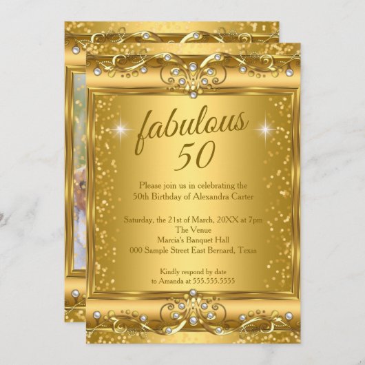 素晴らしい50thフォトスパークル金ゴールド誕生日パーティー 招待状