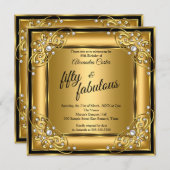 素晴らしい50thフォトブラック金ゴールド誕生日パーティー 招待状 (正面/裏面)