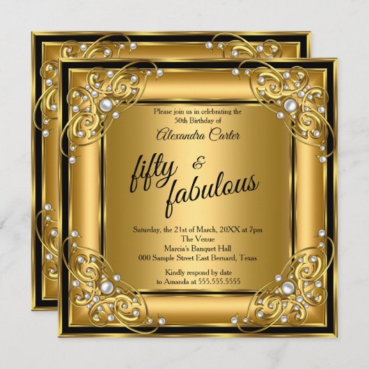 素晴らしい50thフォトブラック金ゴールド誕生日パーティー 招待状 (正面/裏面)