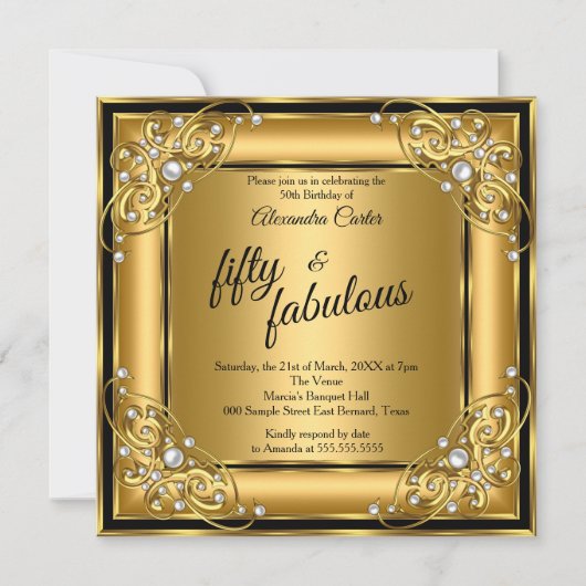 素晴らしい50thフォトブラック金ゴールド誕生日パーティー 招待状 (正面)