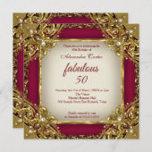 素晴らしい50thフォトブルゴーニュ赤ベージュ金ゴールドパーティー 招待状 (正面/裏面)