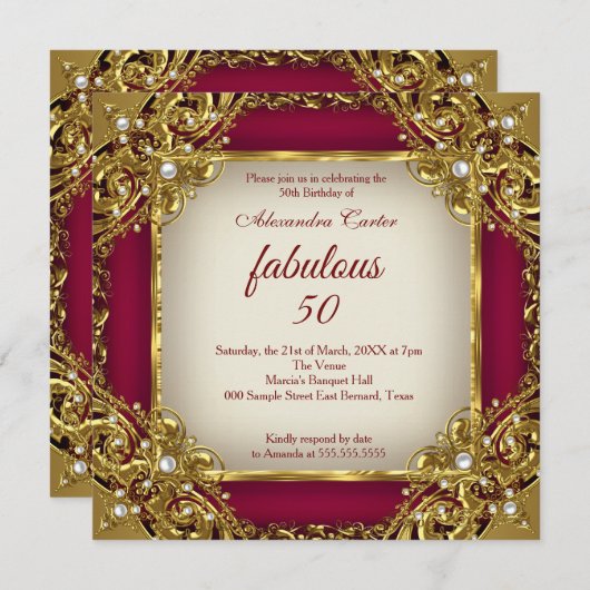 素晴らしい50thフォトブルゴーニュ赤ベージュ金ゴールドパーティー 招待状 (正面/裏面)