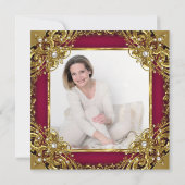 素晴らしい50thフォトブルゴーニュ赤ベージュ金ゴールドパーティー 招待状 (裏面)