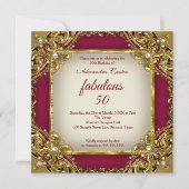 素晴らしい50thフォトブルゴーニュ赤ベージュ金ゴールドパーティー 招待状 (正面)