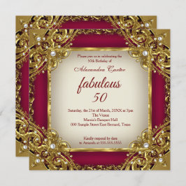 素晴らしい50thフォトブルゴーニュ赤ベージュ金ゴールドパーティー 招待状