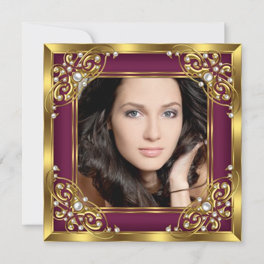 素晴らしい50thフォトブルゴーニュ赤金ゴールドパーティー 招待状 (裏面)