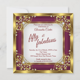 素晴らしい50thフォトブルゴーニュ赤金ゴールドパーティー 招待状