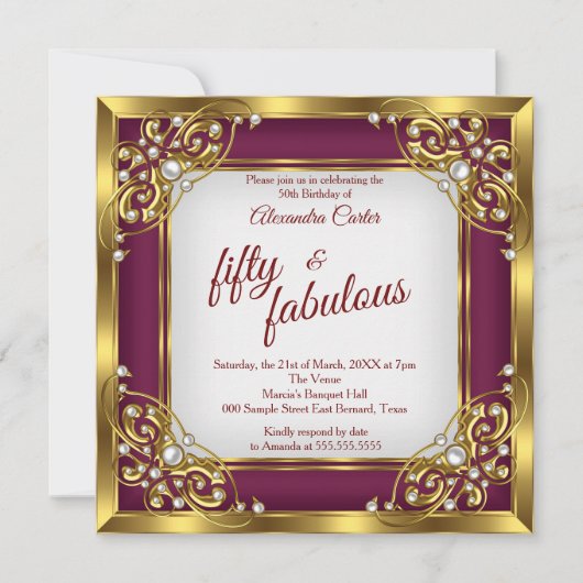 素晴らしい50thフォトブルゴーニュ赤金ゴールドパーティー 招待状 (正面)