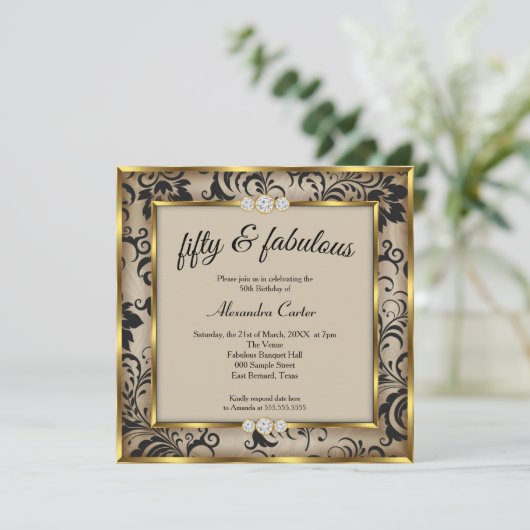 素晴らしい50thフォトベージュブラックダマスク金ゴールドパーティー 招待状 (スタンド正面)