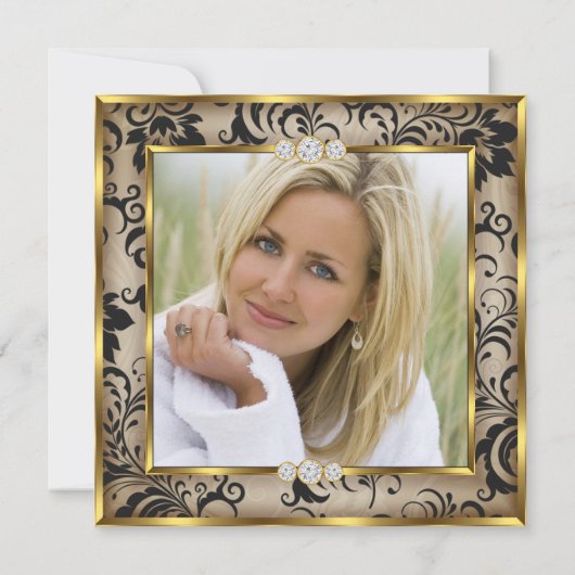 素晴らしい50thフォトベージュブラックダマスク金ゴールドパーティー 招待状 (裏面)