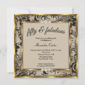 素晴らしい50thフォトベージュブラックダマスク金ゴールドパーティー 招待状 (正面)