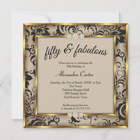 素晴らしい50thフォトベージュブラックダマスク金ゴールドパーティー 招待状 (正面)